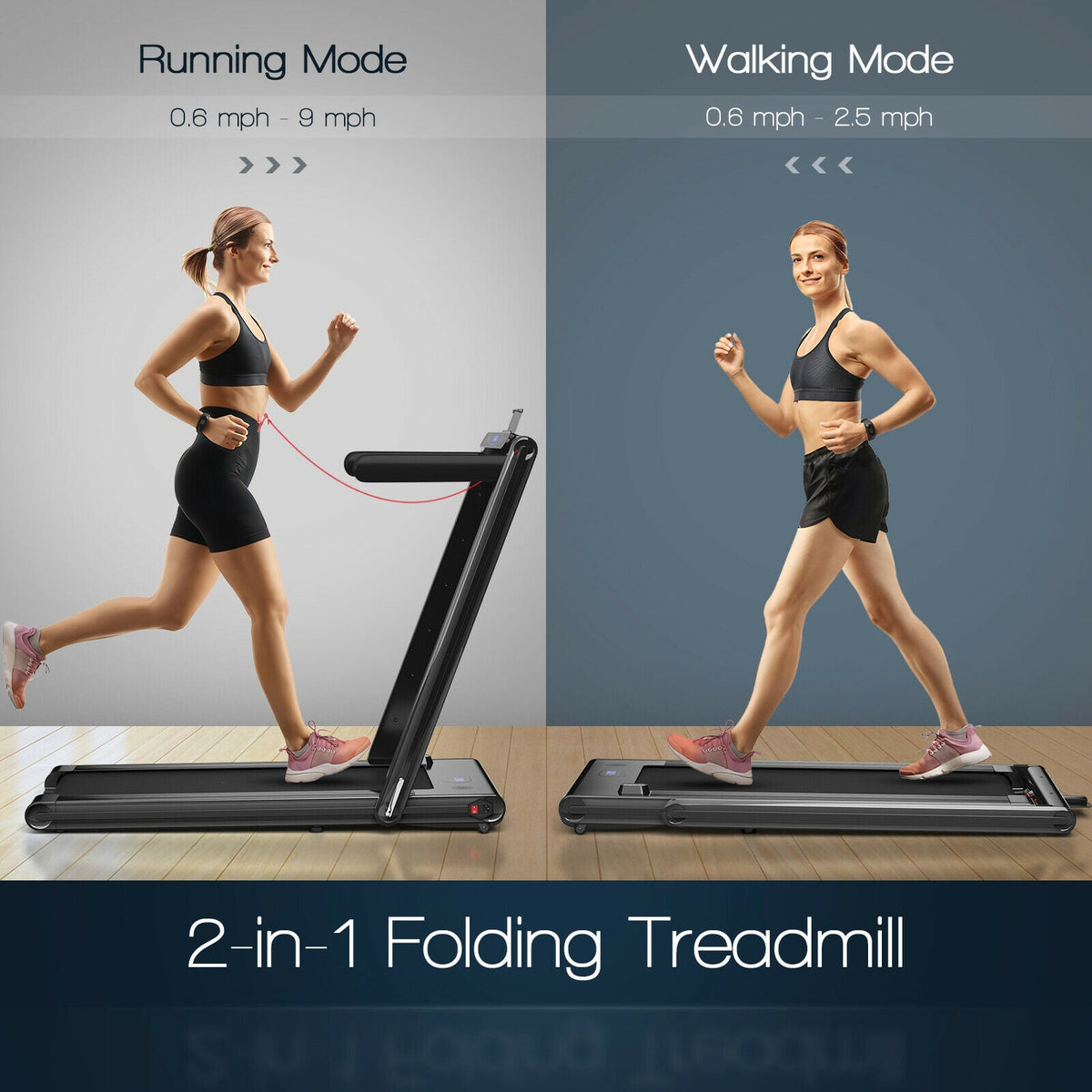 2.25HP folding treadmill featuring a 9 mph top speed, dual LED displays, touchscreen, Gymax app, and remote control
