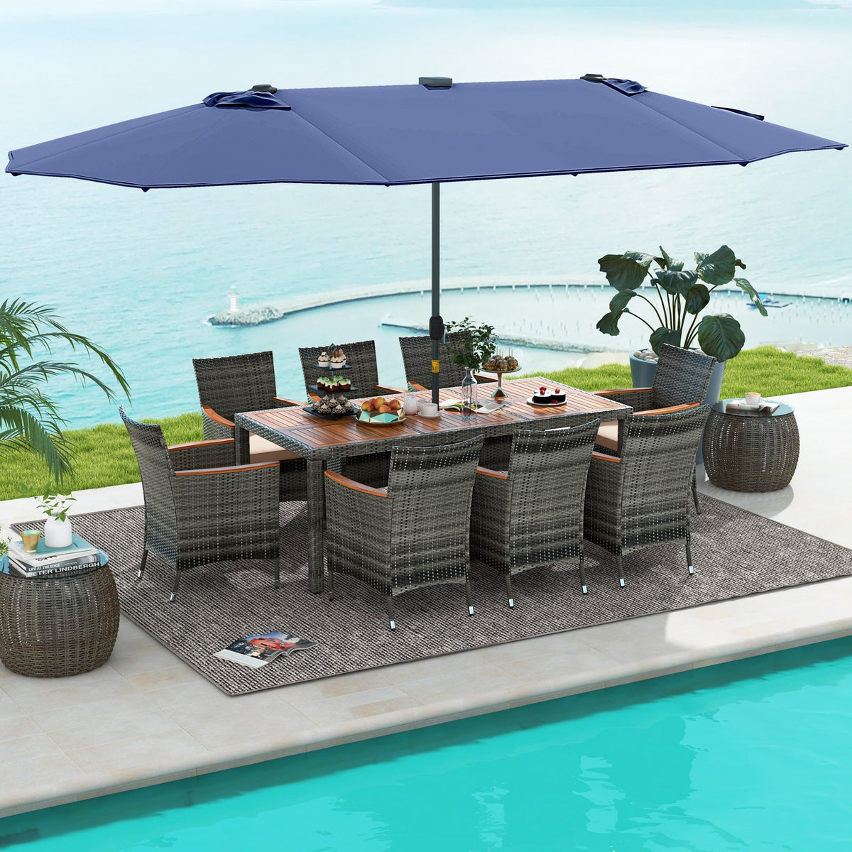11 Pieces Patio Dining Set with 15 Feet Double-Sided Patio Umbrella Base Included