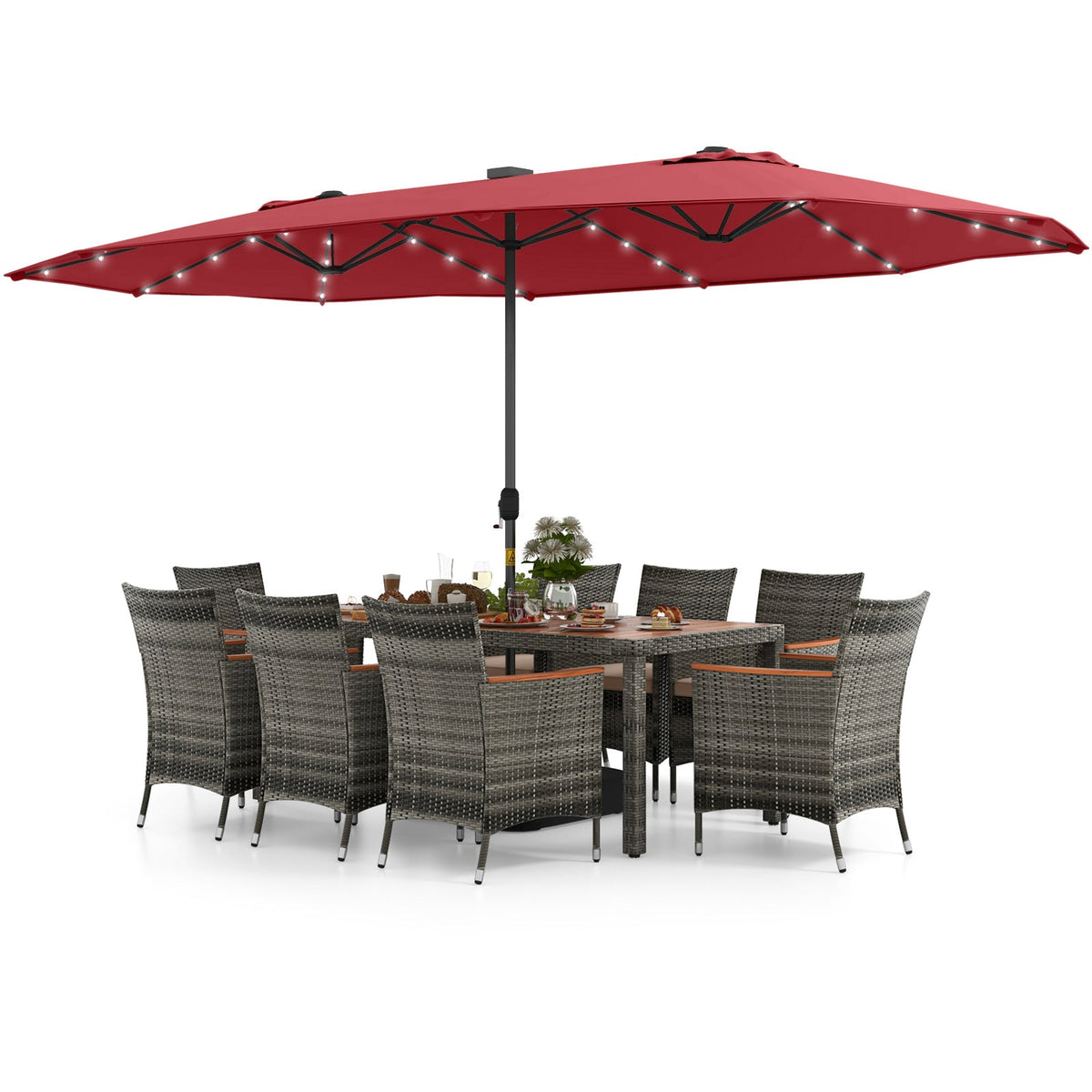 11 Pieces Patio Dining Set with 15 Feet Double-Sided Patio Umbrella Base Included