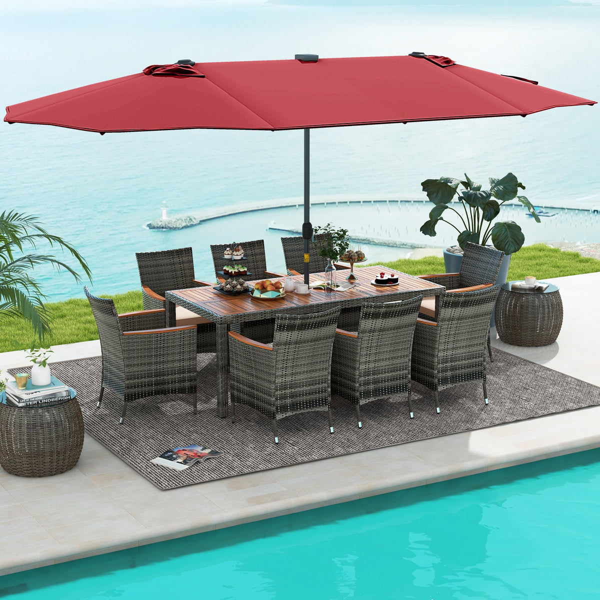 11 Pieces Patio Dining Set with 15 Feet Double-Sided Patio Umbrella Base Included