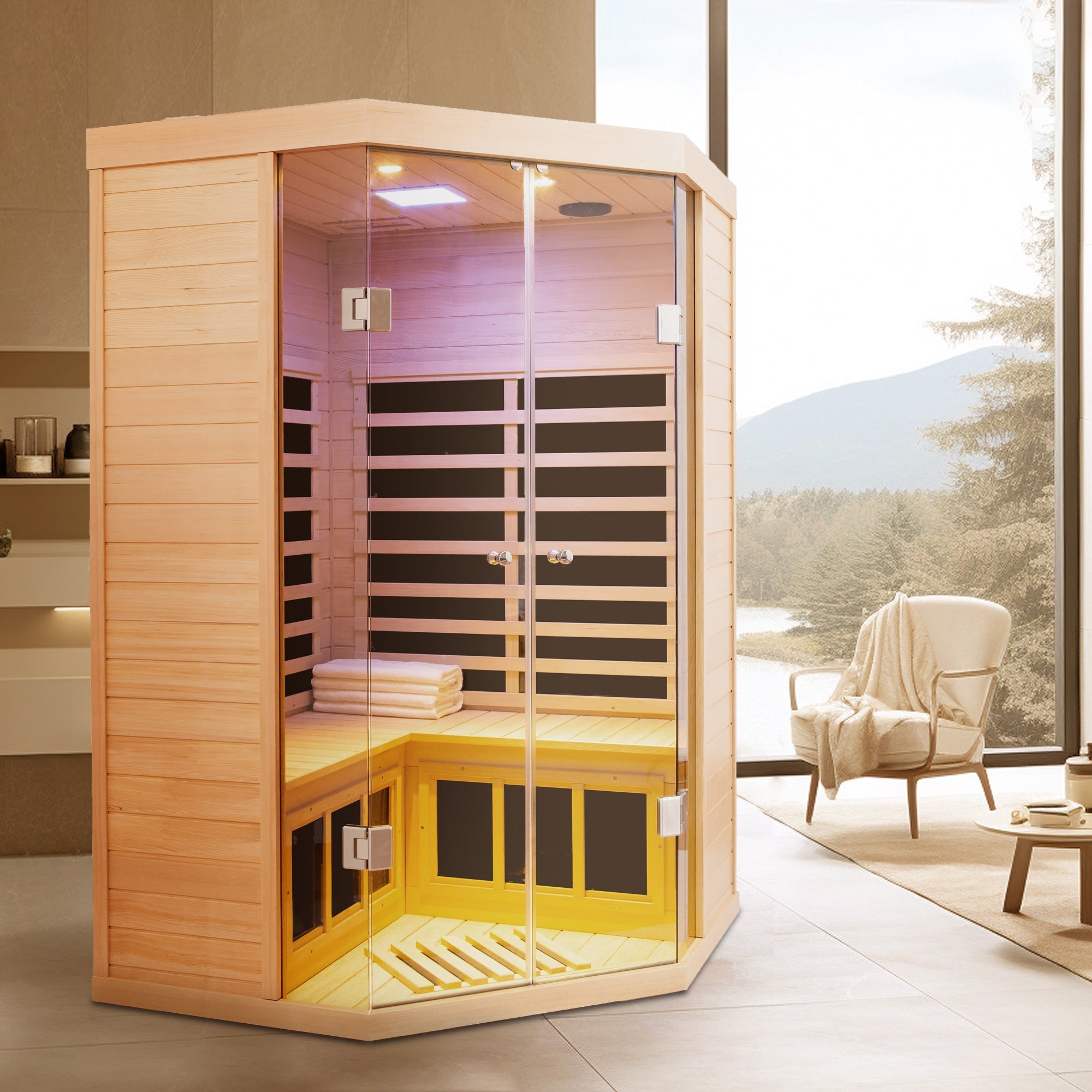 WellNest 2-Person Corner Infrared Sauna – Panoramic Glass Series
