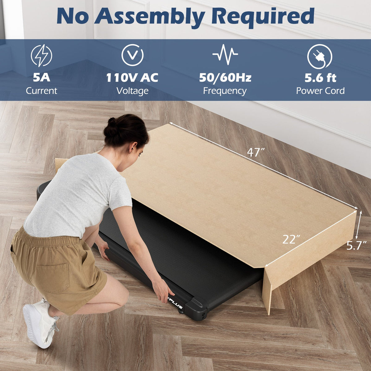 2.5HP under-desk walking pad featuring a quiet brushless motor, 4 mph speed, cushioned belt, and remote control