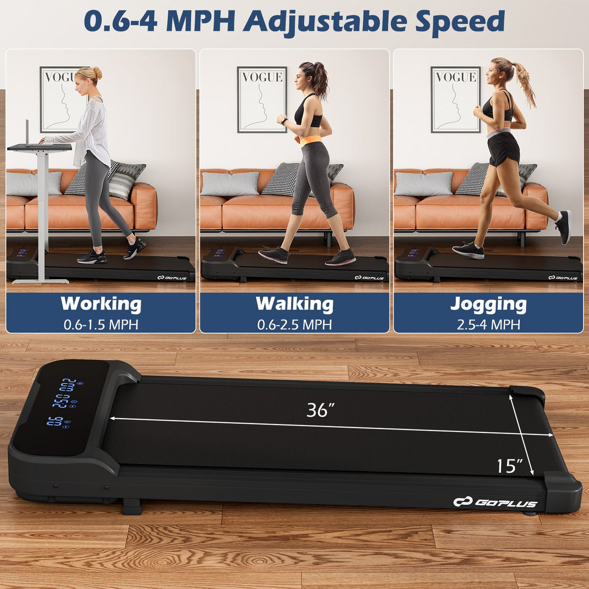 2.5HP under-desk walking pad featuring a quiet brushless motor, 4 mph speed, cushioned belt, and remote control