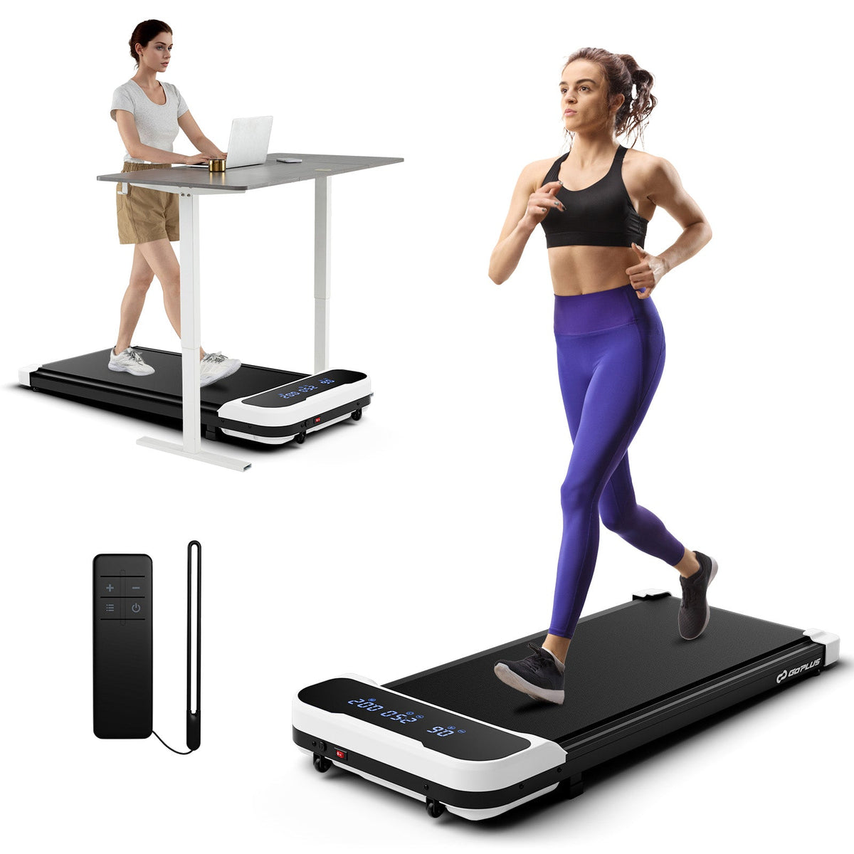 2.5HP under-desk walking pad featuring a quiet brushless motor, 4 mph speed, cushioned belt, and remote control