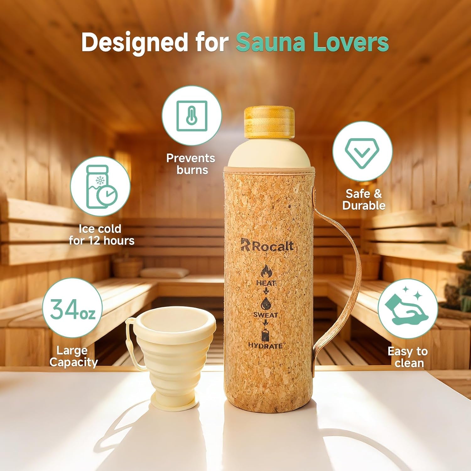 Sauna Water Bottle, 34 Oz Insulated Stainless Steel Bottle | Cork X Neoprene Outer Layer, Silicone Cup, Bamboo Lid, Sauna and Spa Use