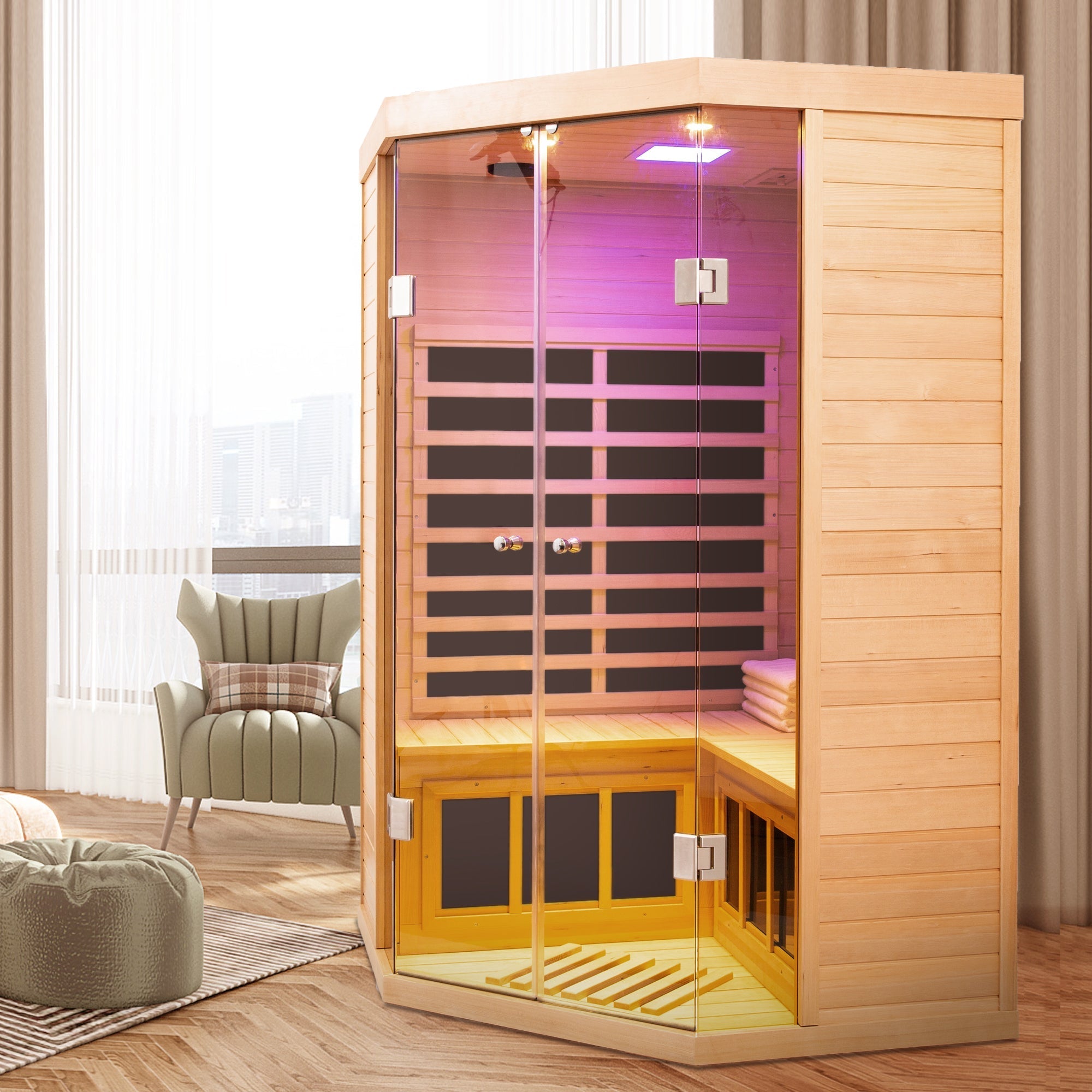 WellNest 2-Person Corner Infrared Sauna – Panoramic Glass Series