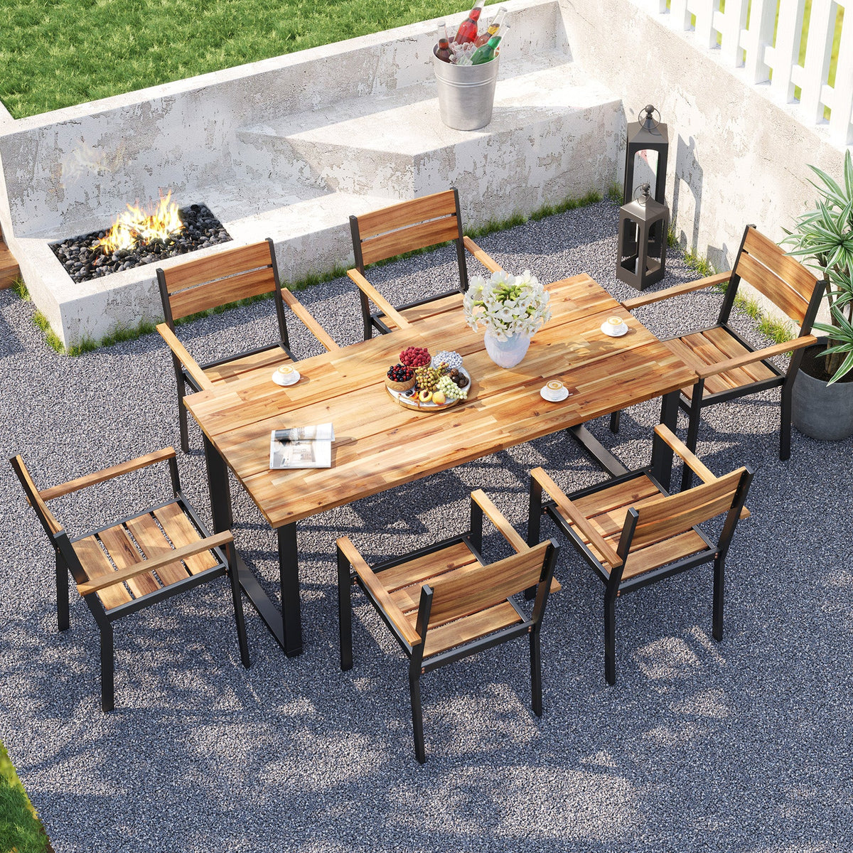 7 Pieces Acacia Wood Patio Dining Set with Metal Frame and 2 Inches Umbrella Hole