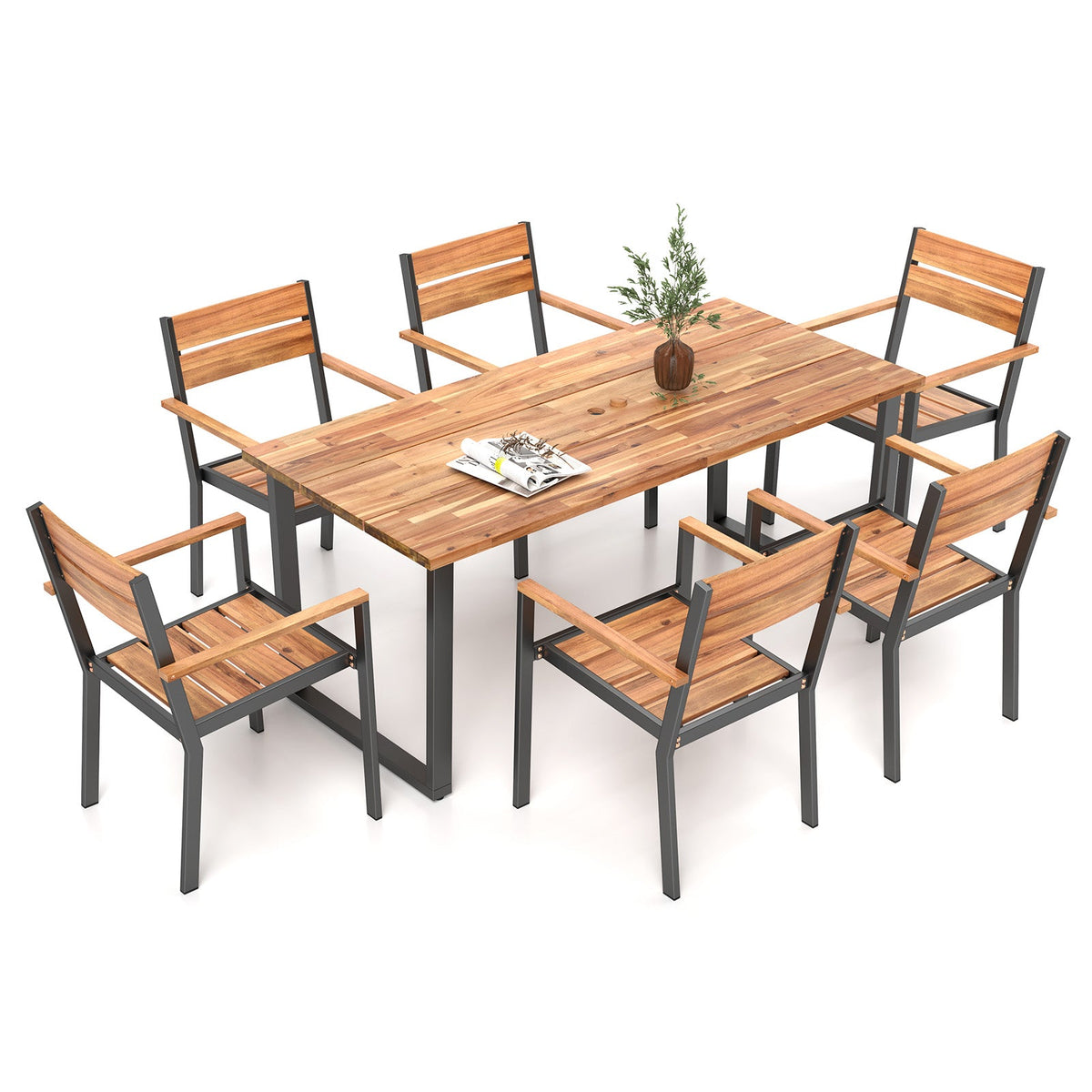 7 Pieces Acacia Wood Patio Dining Set with Metal Frame and 2 Inches Umbrella Hole