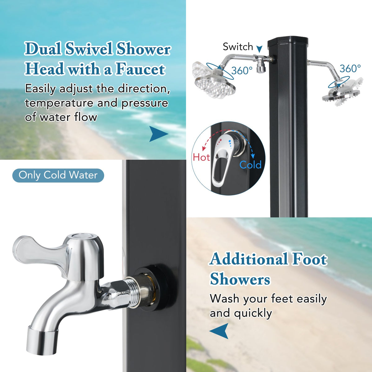 9.3 Gallon Solar Heated Outdoor Shower with Dual Shower Heads-Black