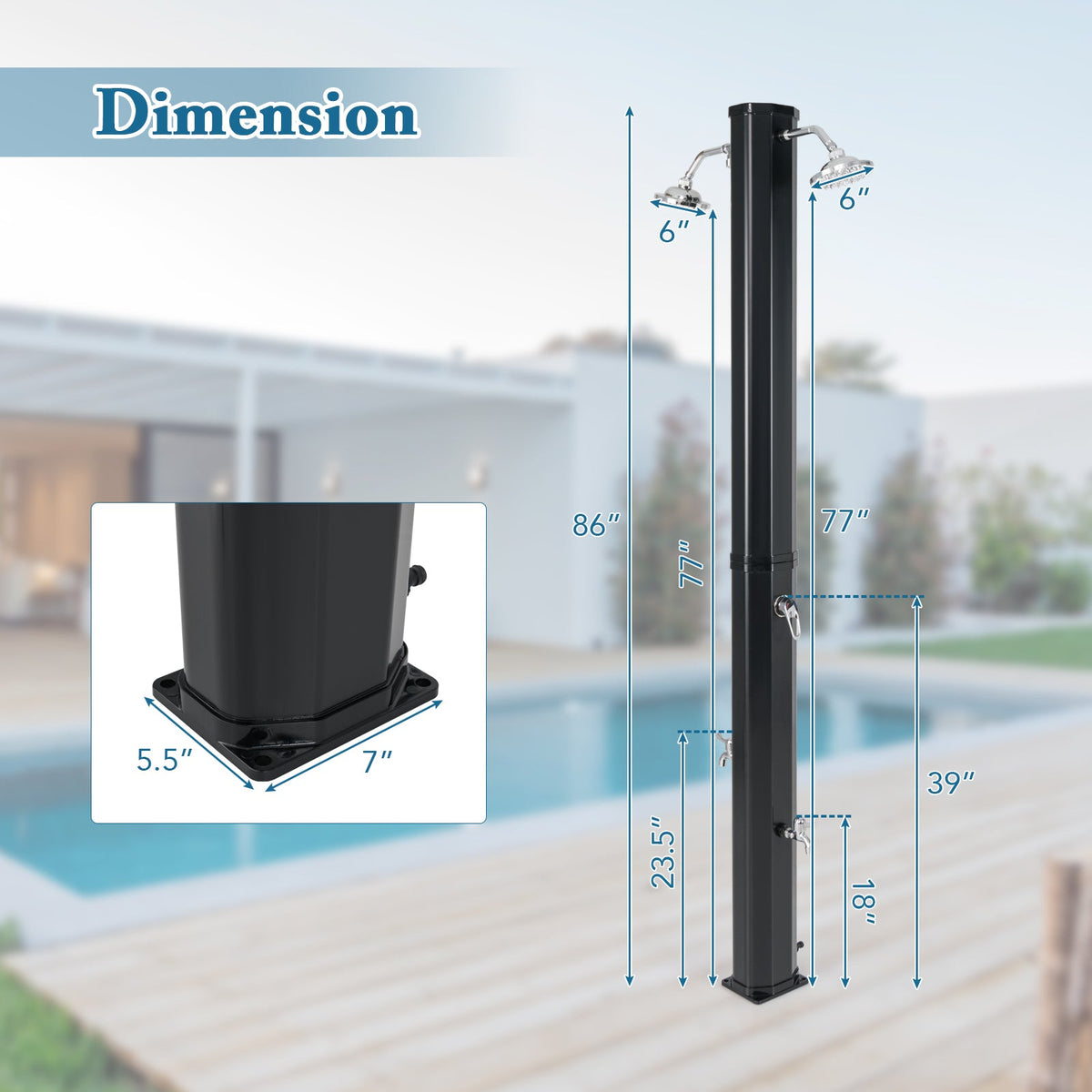 9.3 Gallon Solar Heated Outdoor Shower with Dual Shower Heads-Black