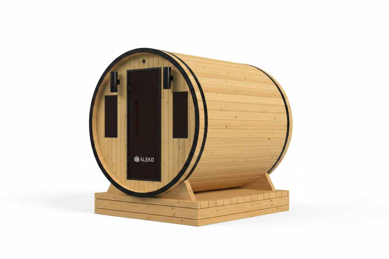 3-Person Capacity Outdoor White Finland Pine Wet/Dry Traditional Barrel Sauna with Black Accents
