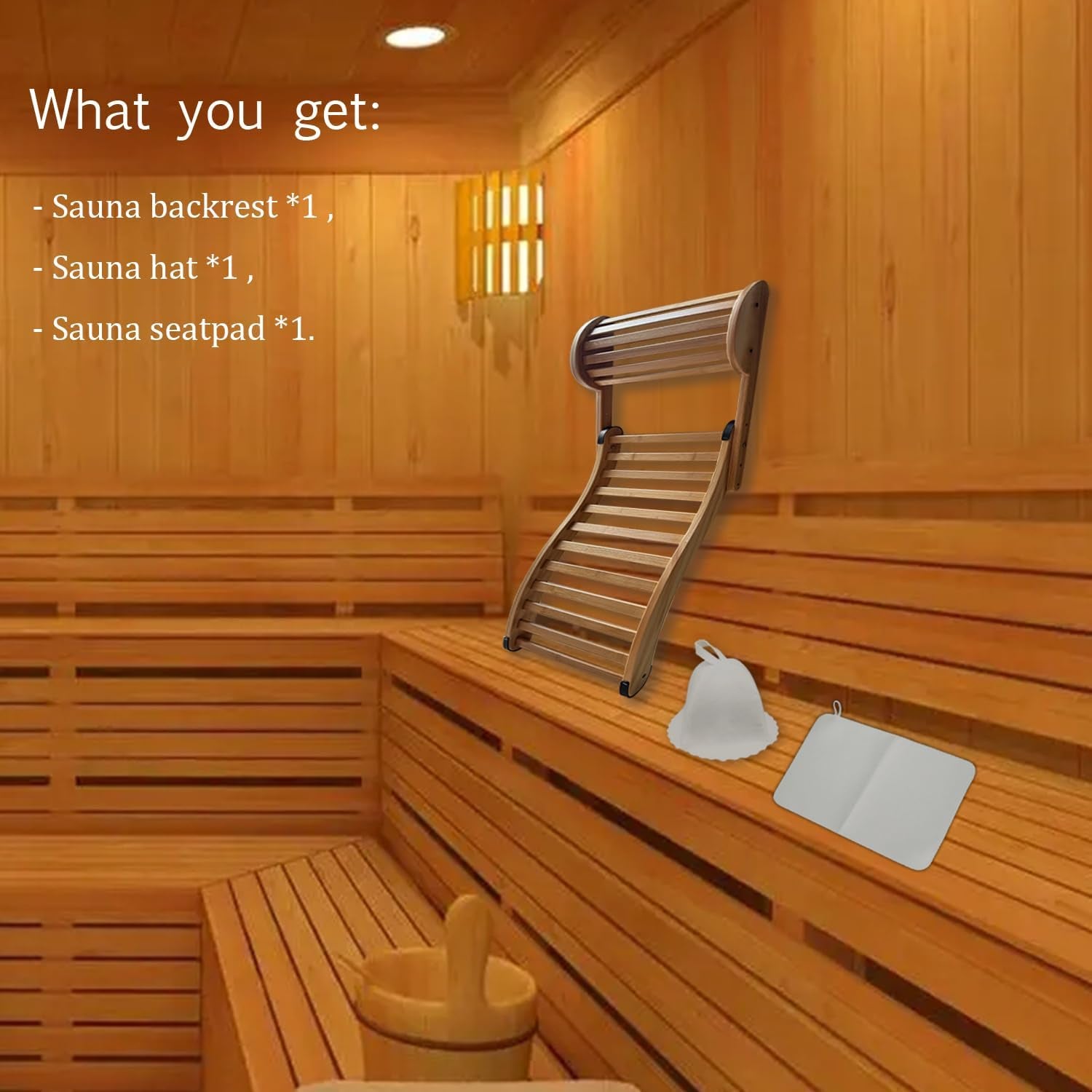 Adjustable-Height Sauna Backrest with Neck Pillow – Natural Bamboo Build & Anti-Slip Rubber Pads, Single-Pack Sauna Accessory with Sauna Hat and Sauna Seat Pad