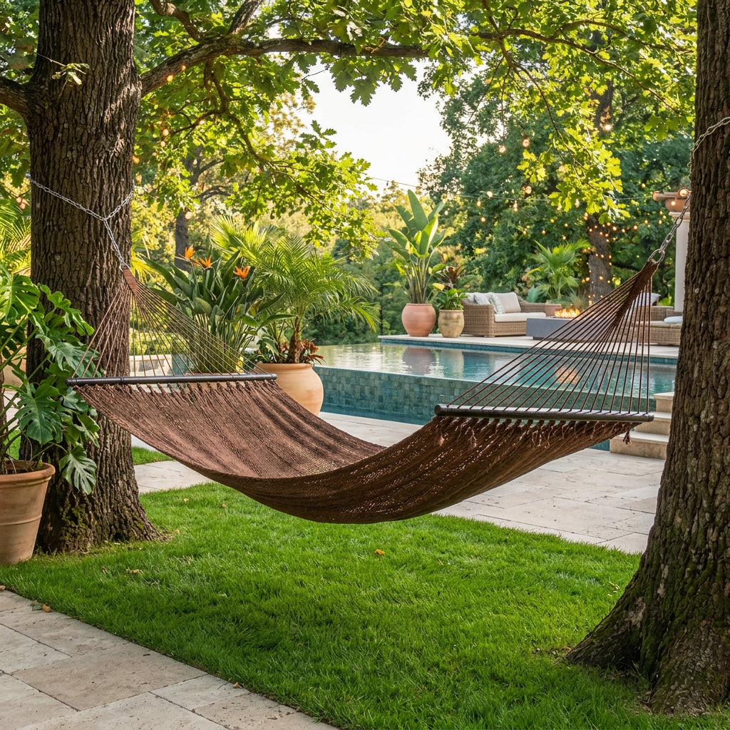 Caribbean-Style Double Rope Hammock with Hardwood Spreader Bars & Adjustable Hanging Chains | 600 lb Capacity