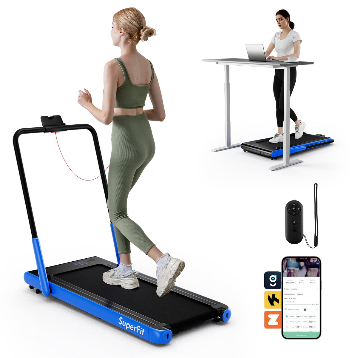 3HP folding treadmill featuring smart app connectivity, Bluetooth speakers, 7.6 mph speed, shock absorption, and 340-lb capacity
