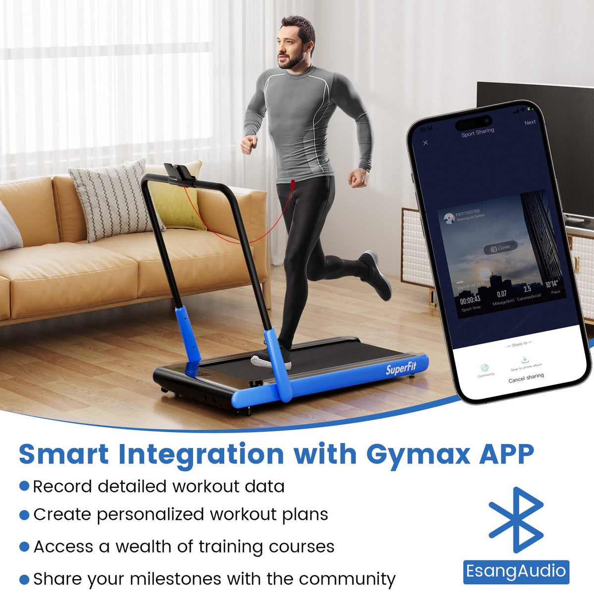 3HP folding treadmill featuring smart app connectivity, Bluetooth speakers, 7.6 mph speed, shock absorption, and 340-lb capacity