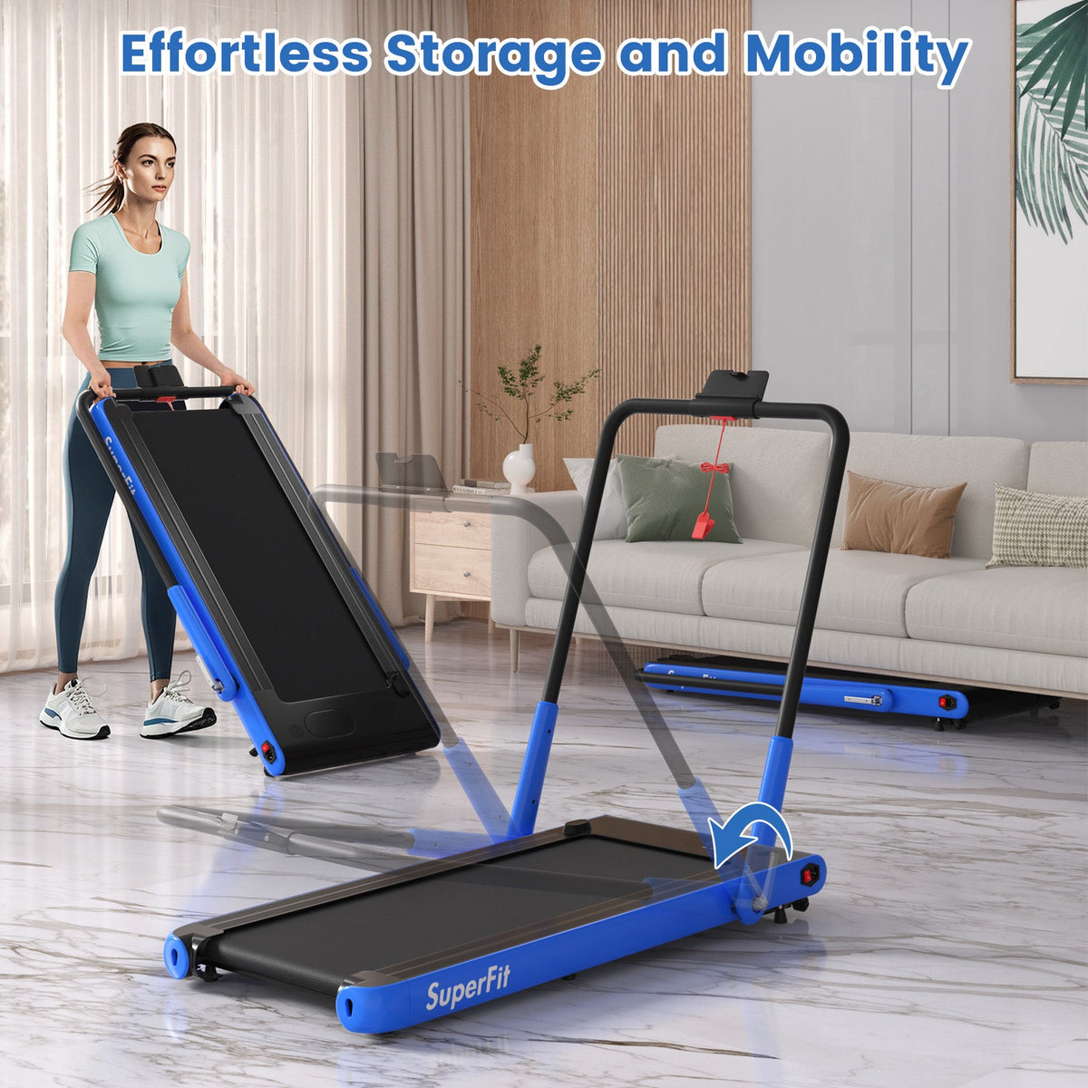 3HP folding treadmill featuring smart app connectivity, Bluetooth speakers, 7.6 mph speed, shock absorption, and 340-lb capacity
