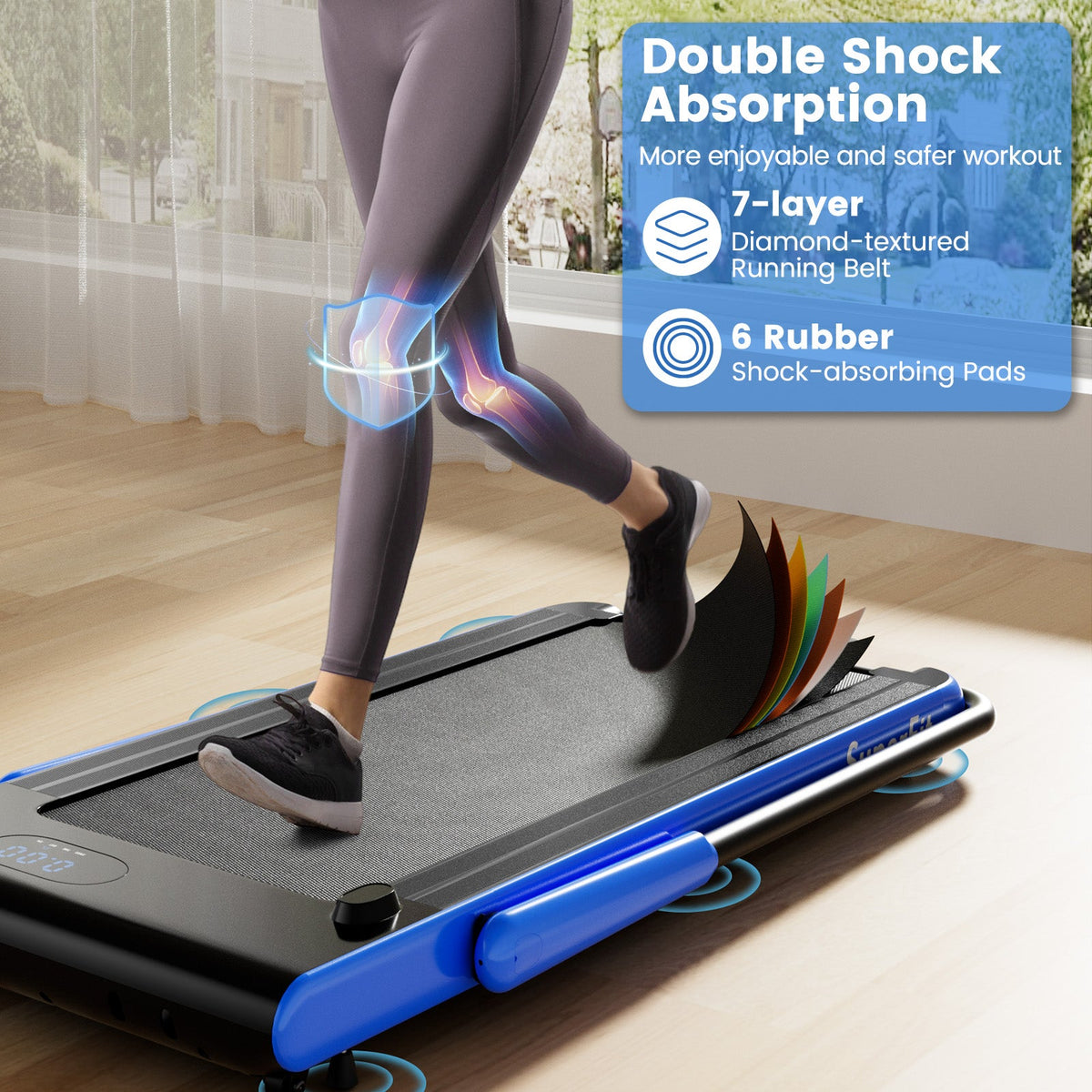 3HP folding treadmill featuring smart app connectivity, Bluetooth speakers, 7.6 mph speed, shock absorption, and 340-lb capacity