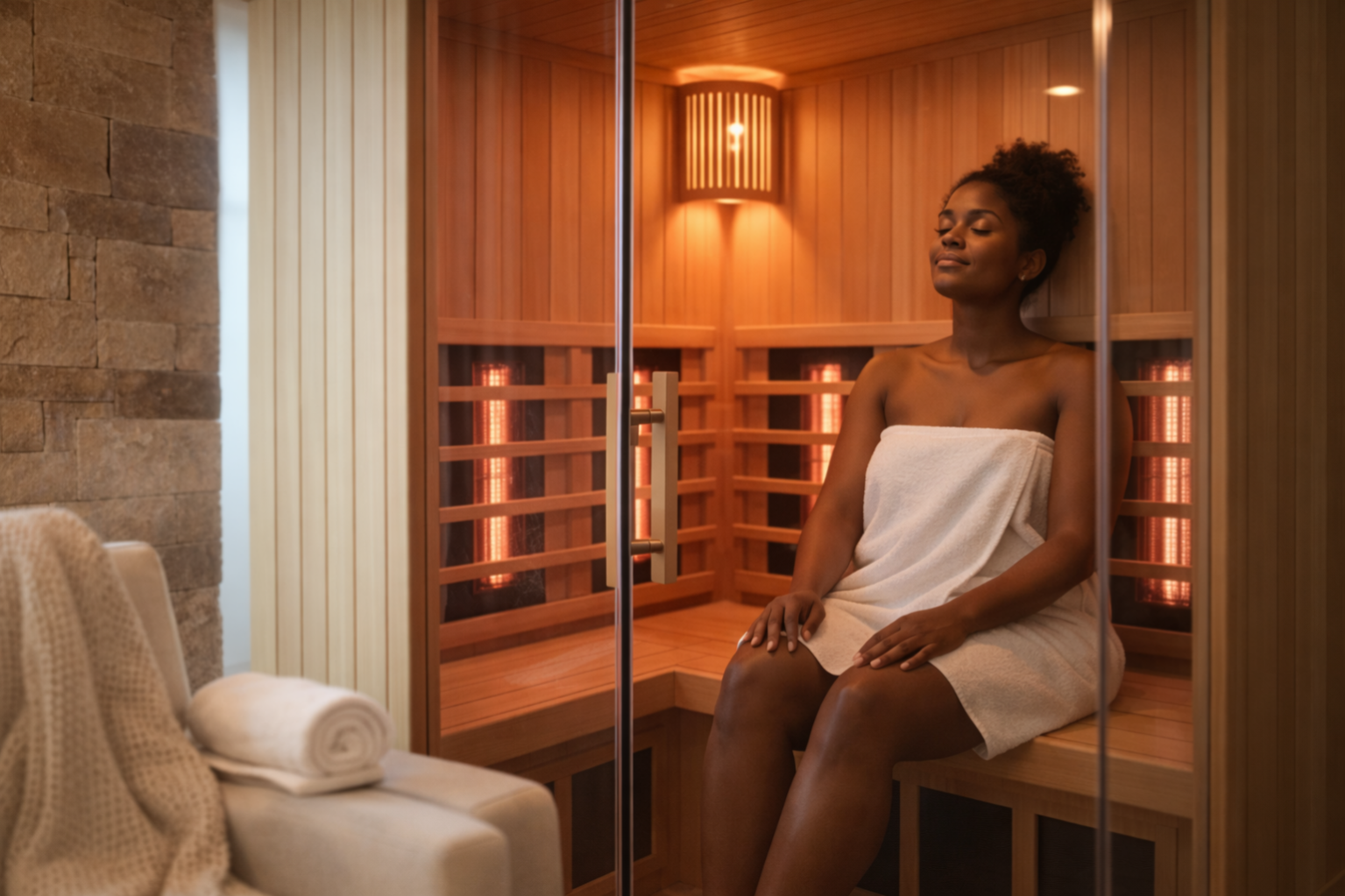 A woman wrapped in a white towel sits inside a wooden sauna cabin with warm lights on, in a spa-like room.