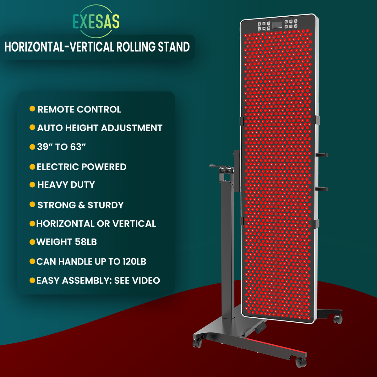 EXESAS Horizontal/Vertical Stand | Powered Automatic Rolling Red Light Therapy Panels, Auto Height Adjustment, (Panel Sold Separately)