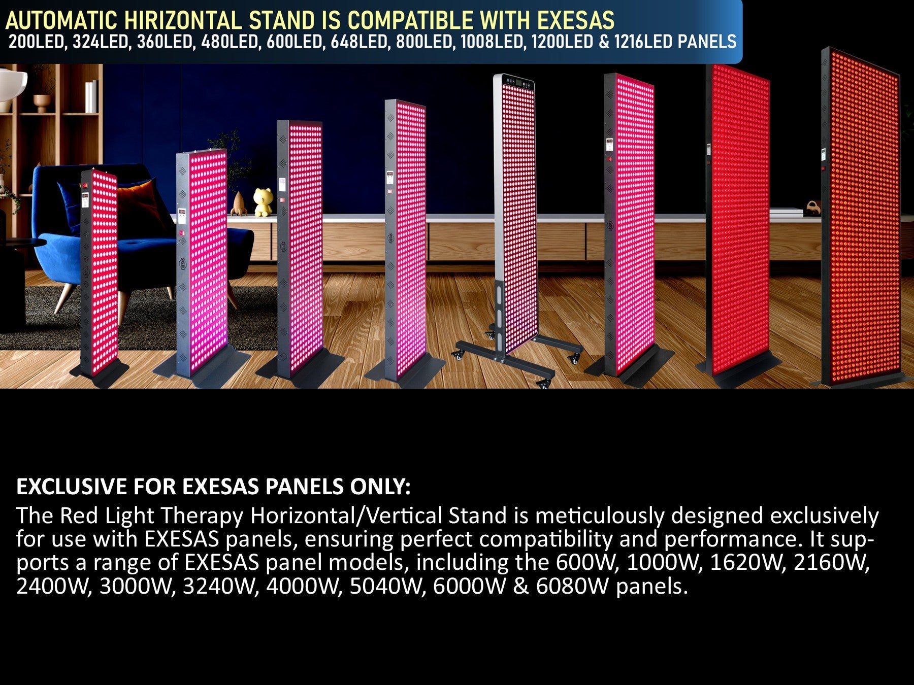 EXESAS Horizontal/Vertical Stand | Powered Automatic Rolling Red Light Therapy Panels, Auto Height Adjustment, (Panel Sold Separately)