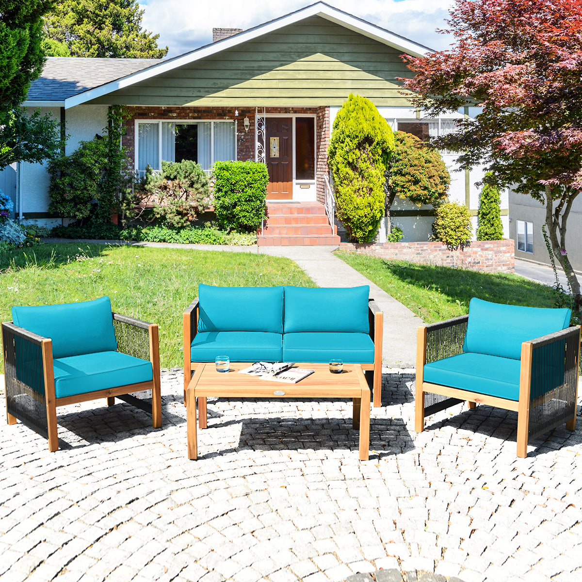 4 Pieces Wood Outdoor Patio Furniture Set with Cushions for Garden