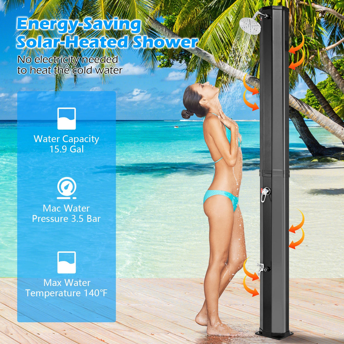 7.5 Feet 15.9 Gallon Solar Heated Outdoor Shower with Shower Head-Black