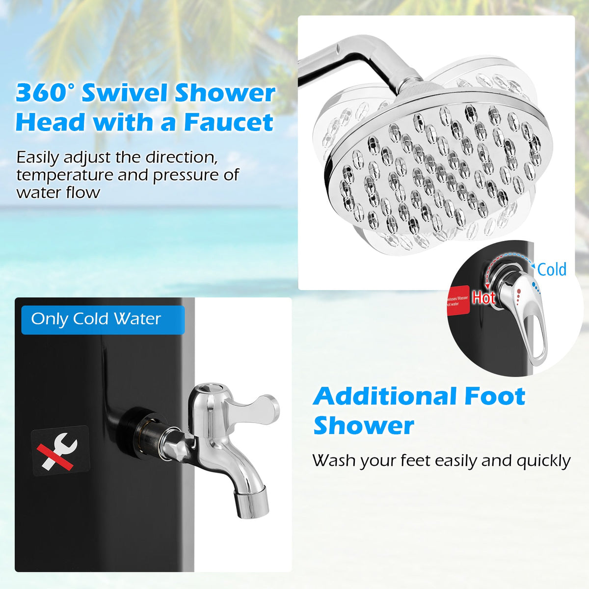 7.5 Feet 15.9 Gallon Solar Heated Outdoor Shower with Shower Head-Black