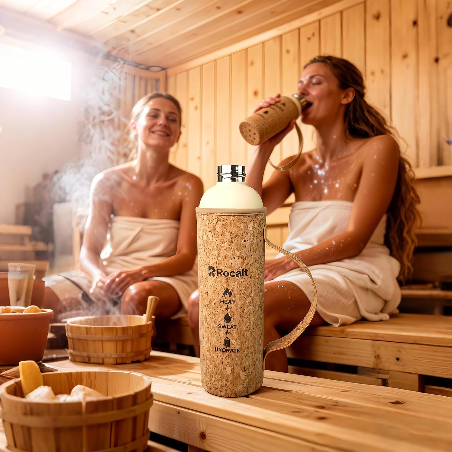Sauna Water Bottle, 34 Oz Insulated Stainless Steel Bottle | Cork X Neoprene Outer Layer, Silicone Cup, Bamboo Lid, Sauna and Spa Use