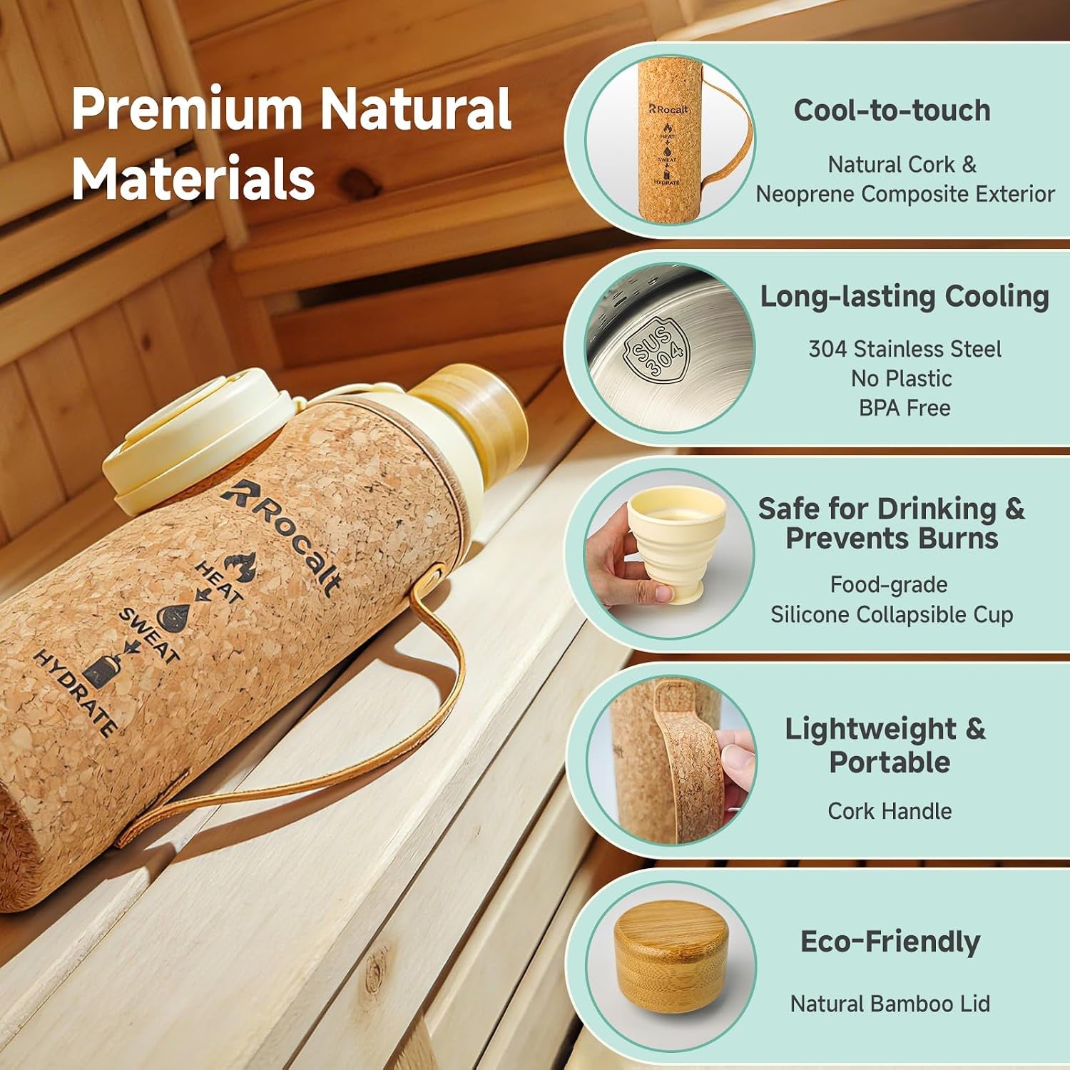 Sauna Water Bottle, 34 Oz Insulated Stainless Steel Bottle | Cork X Neoprene Outer Layer, Silicone Cup, Bamboo Lid, Sauna and Spa Use