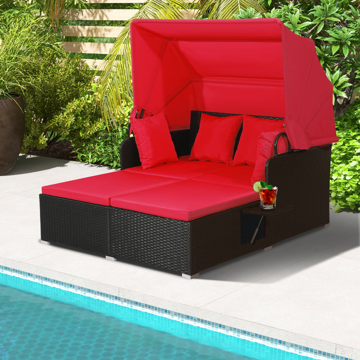 Patio Rattan Daybed with Retractable Canopy and Side Tables