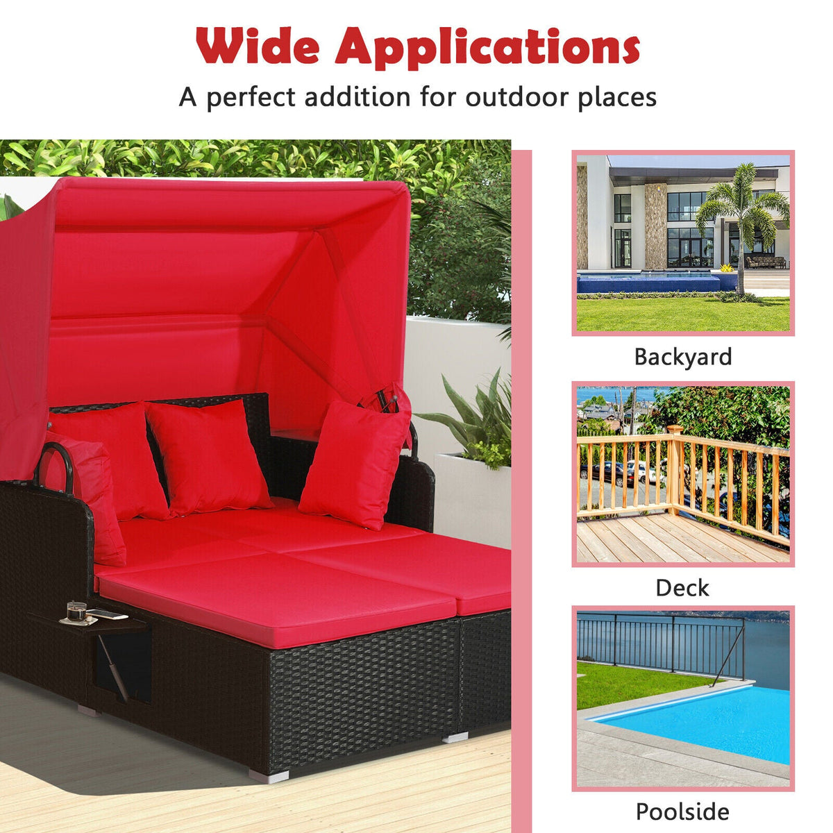 Patio Rattan Daybed with Retractable Canopy and Side Tables