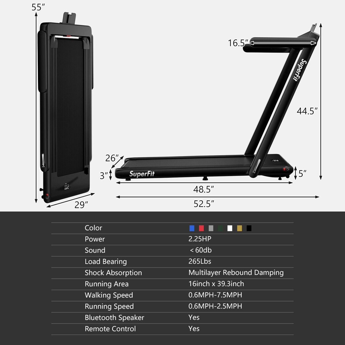 2.25HP folding treadmill featuring 2-in-1 modes, Gymax app compatibility, LED display, shock absorption, and remote control.