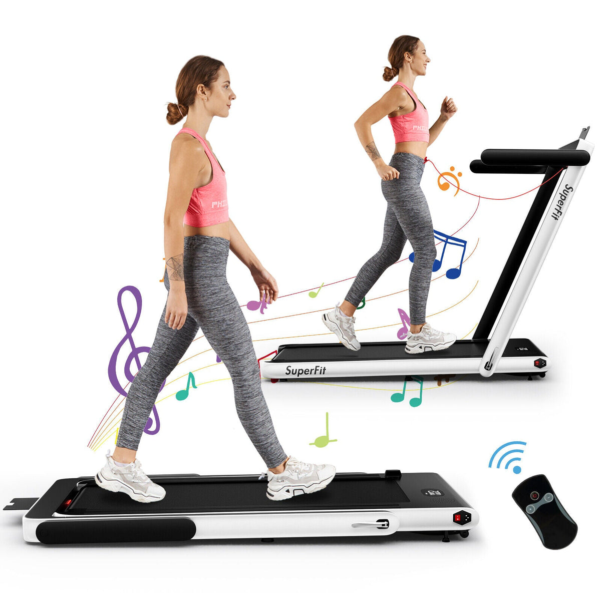 2.25HP folding treadmill featuring 2-in-1 modes, Gymax app compatibility, LED display, shock absorption, and remote control.