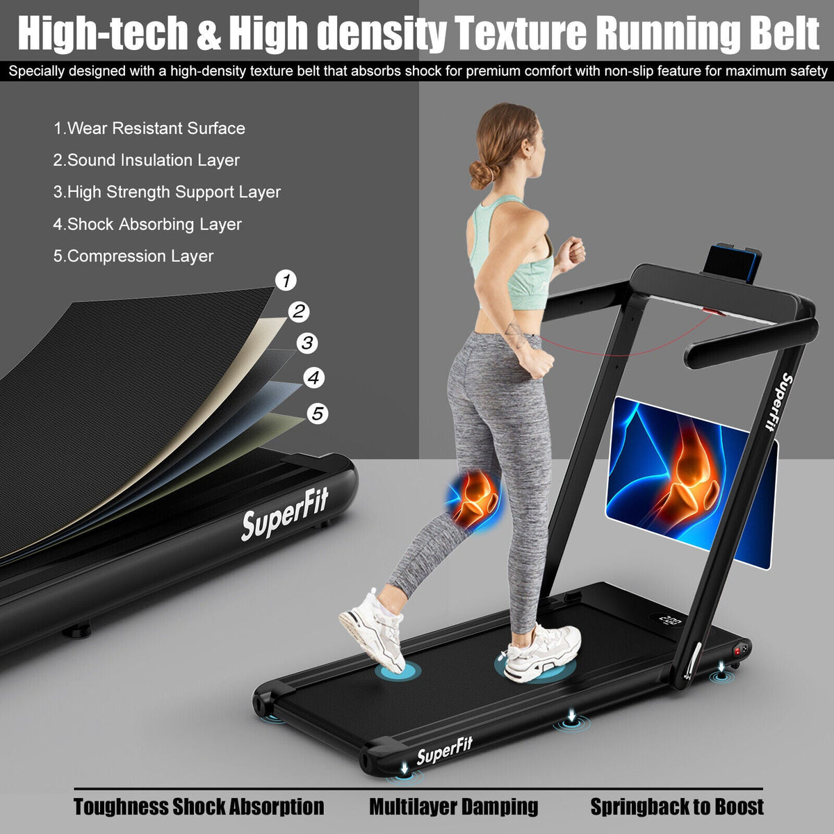 2.25HP folding treadmill featuring 2-in-1 modes, Gymax app compatibility, LED display, shock absorption, and remote control.