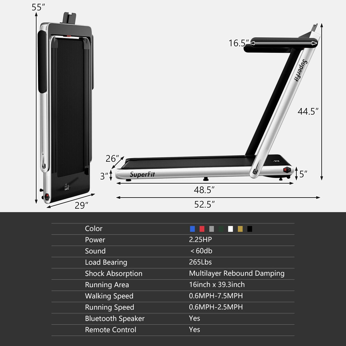 2.25HP folding treadmill featuring 2-in-1 modes, Gymax app compatibility, LED display, shock absorption, and remote control.