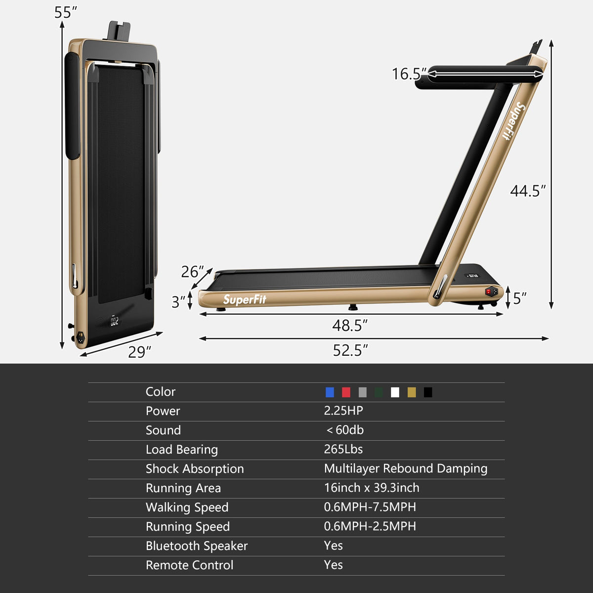 2.25HP folding treadmill featuring 2-in-1 modes, Gymax app compatibility, LED display, shock absorption, and remote control.