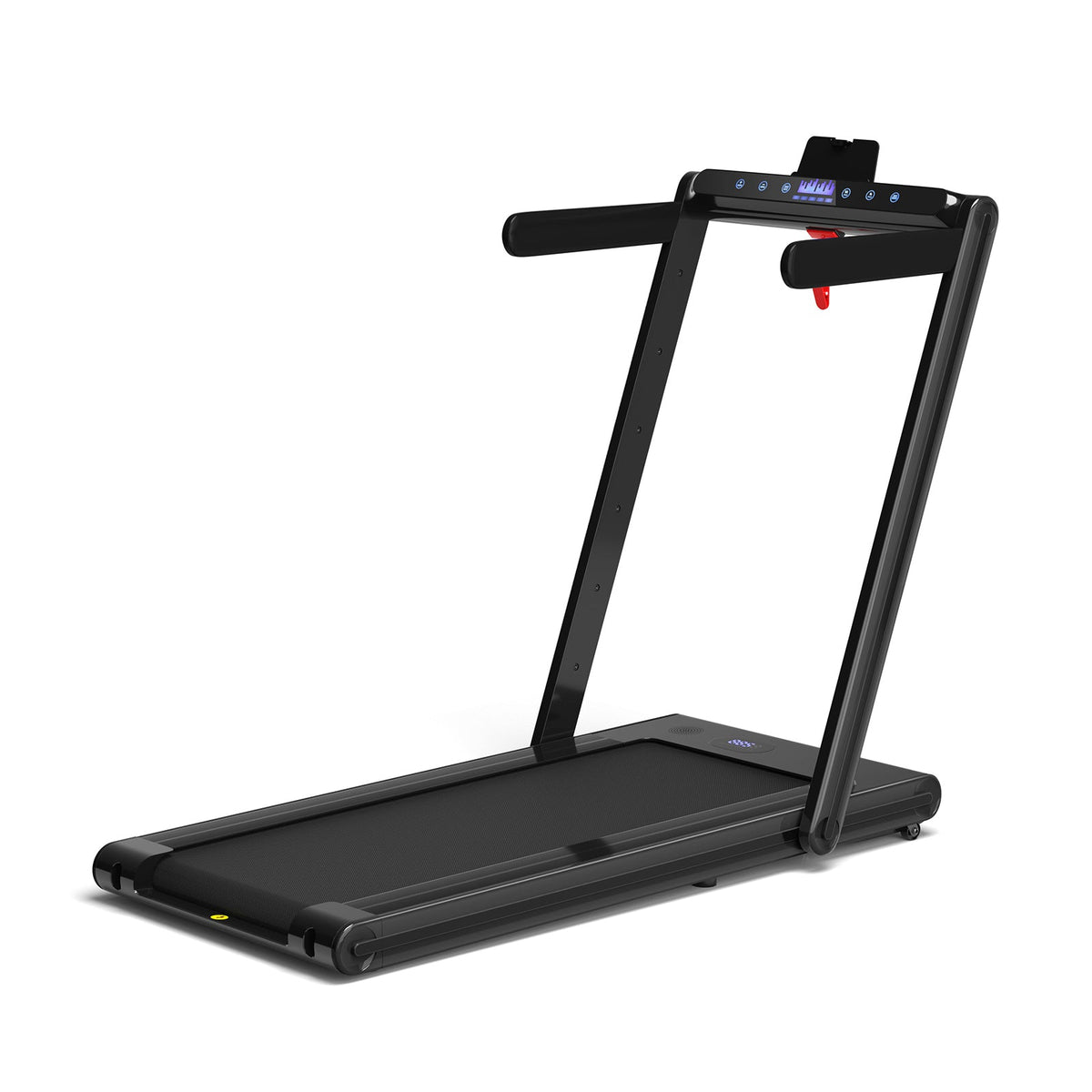 2.25HP folding treadmill featuring a 9 mph top speed, dual LED displays, touchscreen, Gymax app, and remote control