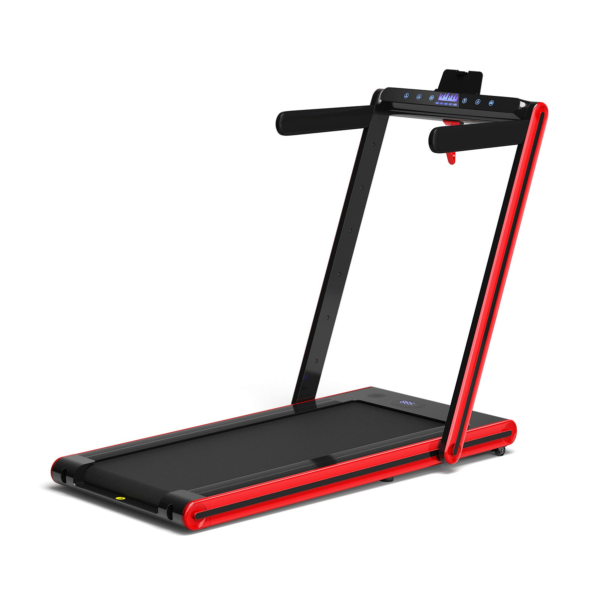2.25HP folding treadmill featuring a 9 mph top speed, dual LED displays, touchscreen, Gymax app, and remote control