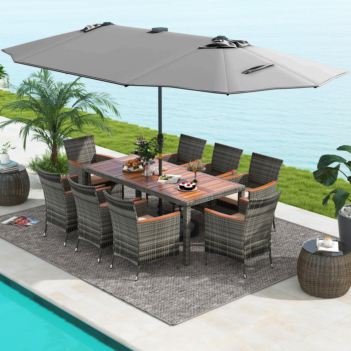 11 Pieces Patio Dining Set with 15 Feet Double-Sided Patio Umbrella Base Included