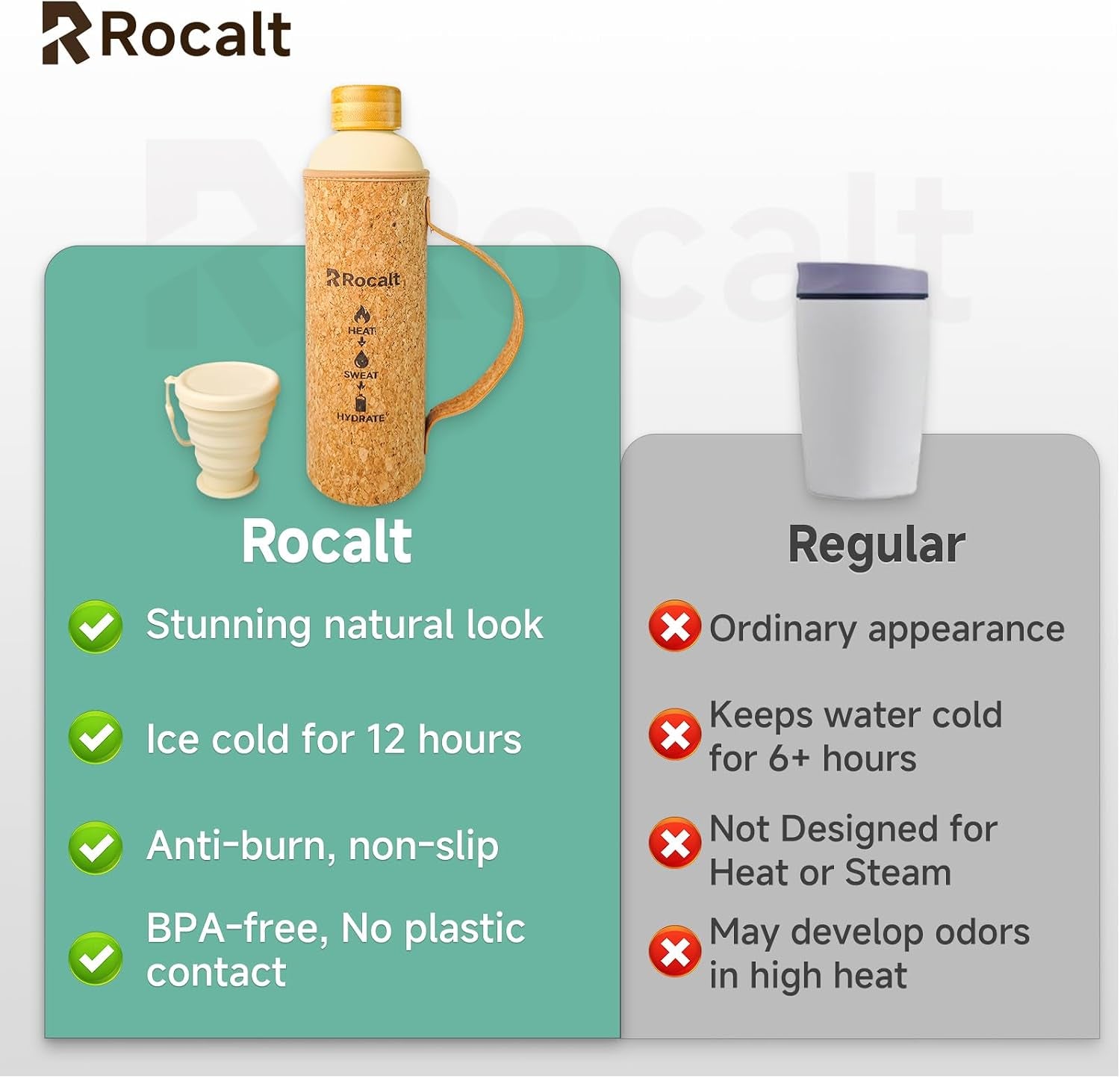 Sauna Water Bottle, 34 Oz Insulated Stainless Steel Bottle | Cork X Neoprene Outer Layer, Silicone Cup, Bamboo Lid, Sauna and Spa Use