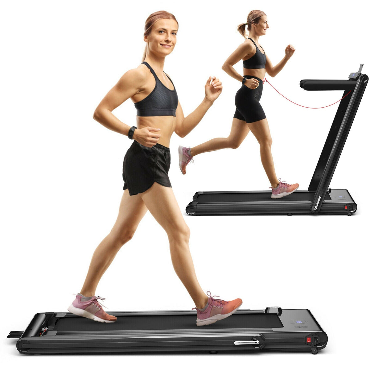 2.25HP folding treadmill featuring a 9 mph top speed, dual LED displays, touchscreen, Gymax app, and remote control