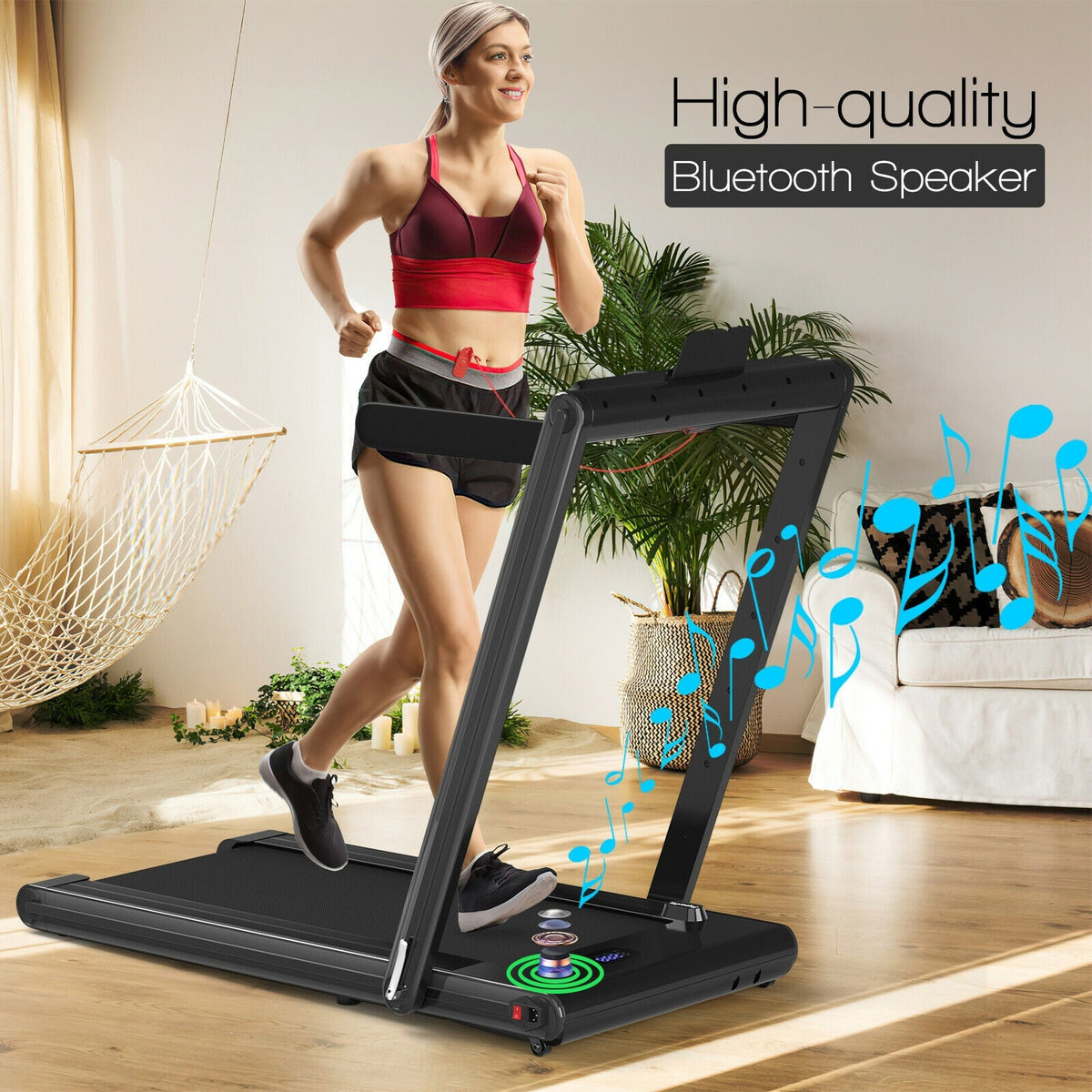 2.25HP folding treadmill featuring a 9 mph top speed, dual LED displays, touchscreen, Gymax app, and remote control