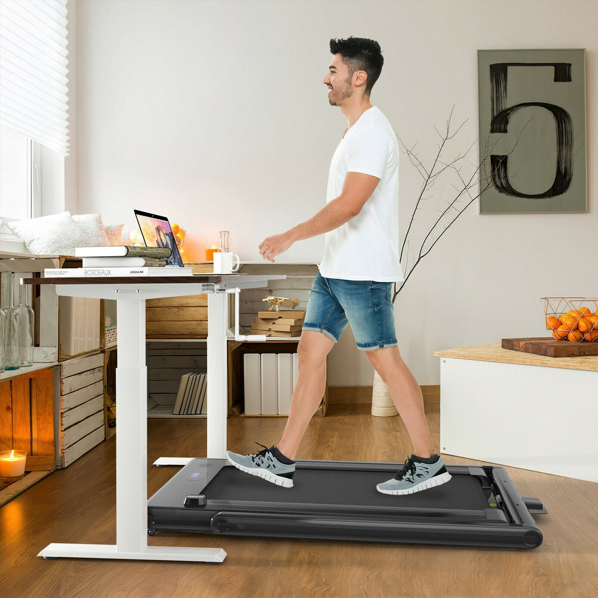 2.25HP folding treadmill featuring a 9 mph top speed, dual LED displays, touchscreen, Gymax app, and remote control