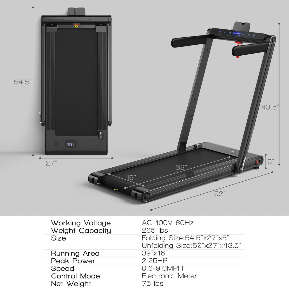 2.25HP folding treadmill featuring a 9 mph top speed, dual LED displays, touchscreen, Gymax app, and remote control