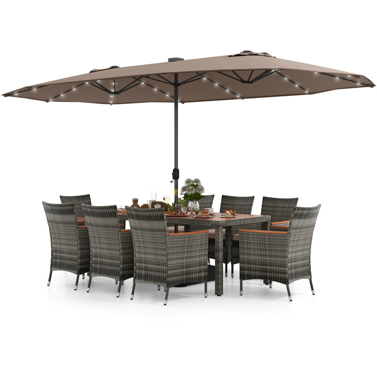 11 Pieces Patio Dining Set with 15 Feet Double-Sided Patio Umbrella Base Included