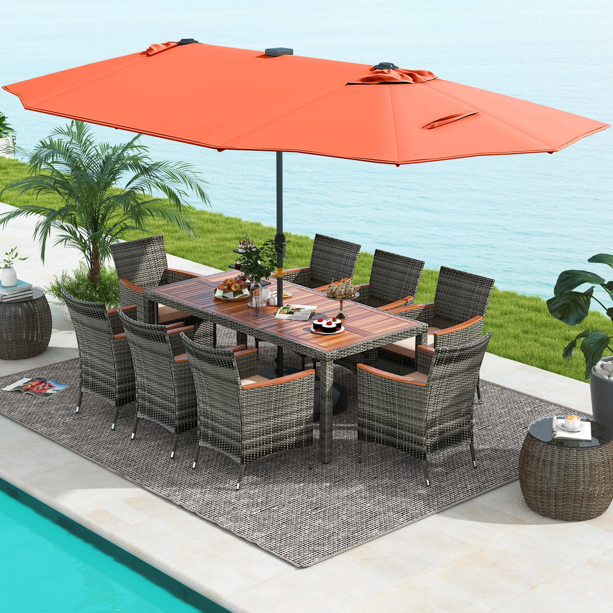 11 Pieces Patio Dining Set with 15 Feet Double-Sided Patio Umbrella Base Included