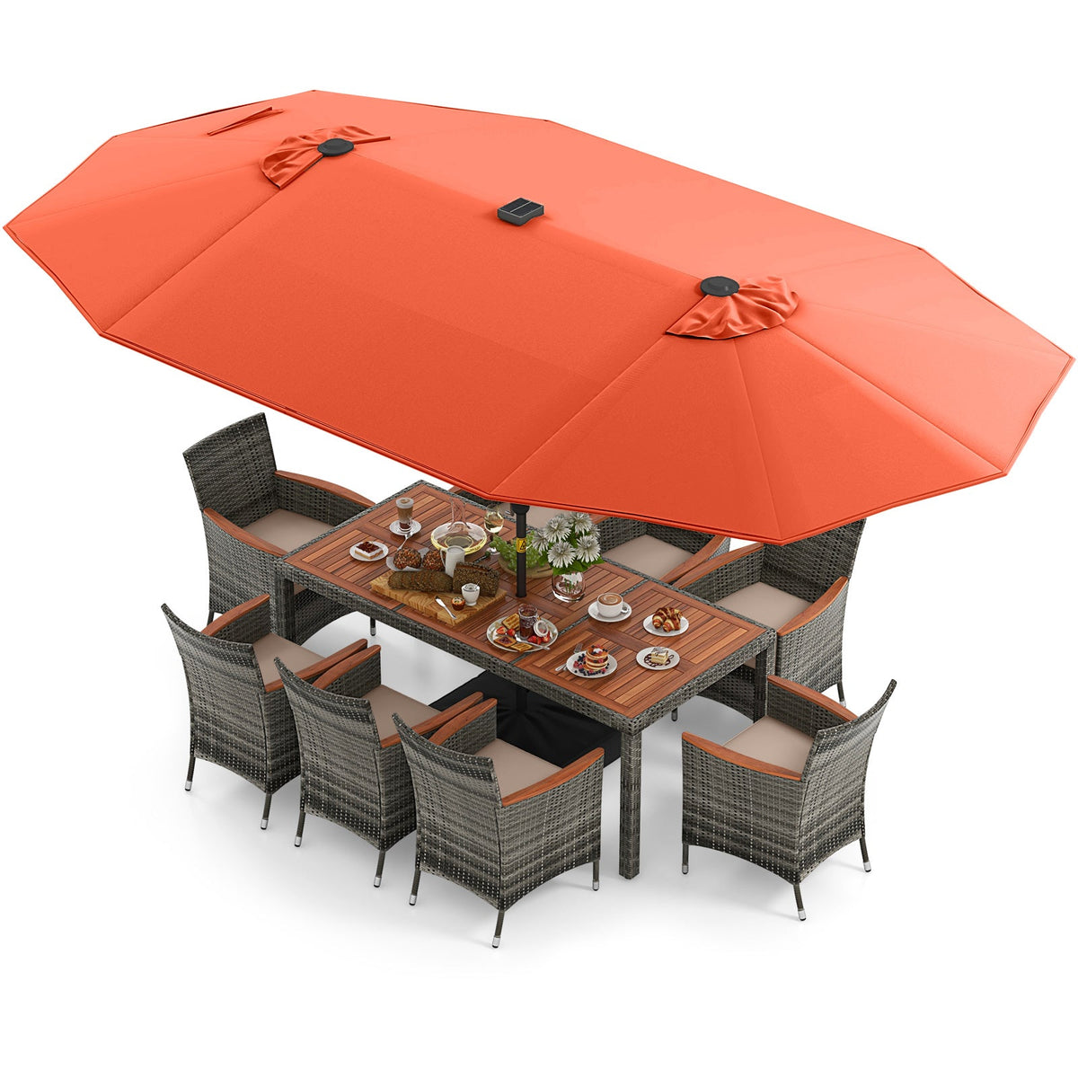 11 Pieces Patio Dining Set with 15 Feet Double-Sided Patio Umbrella Base Included