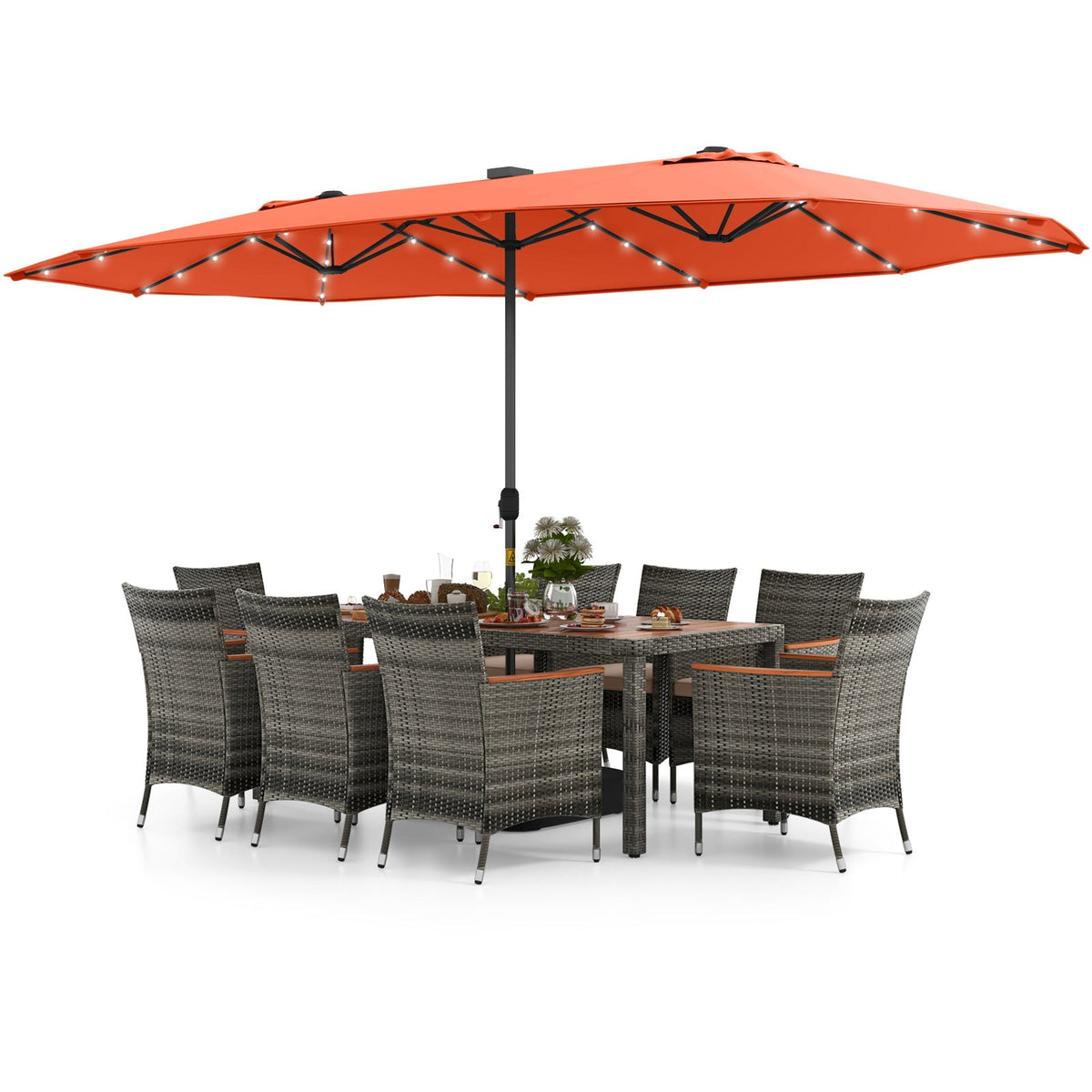 11 Pieces Patio Dining Set with 15 Feet Double-Sided Patio Umbrella Base Included