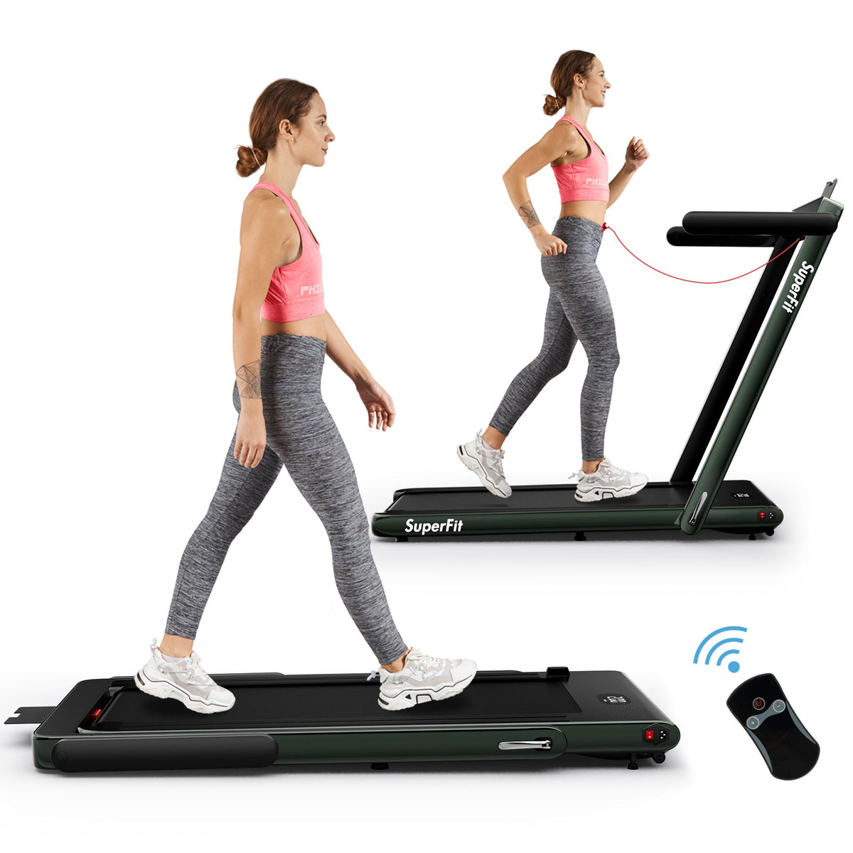 2.25HP folding treadmill featuring 2-in-1 modes, Gymax app compatibility, LED display, shock absorption, and remote control.