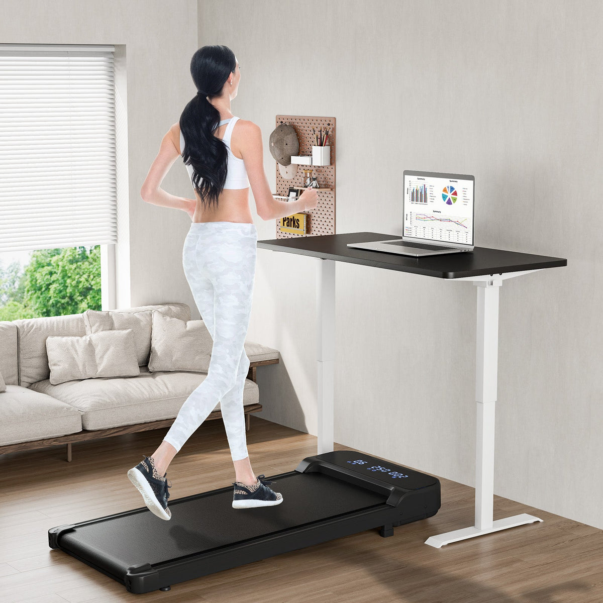2.5HP under-desk walking pad featuring a quiet brushless motor, 4 mph speed, cushioned belt, and remote control